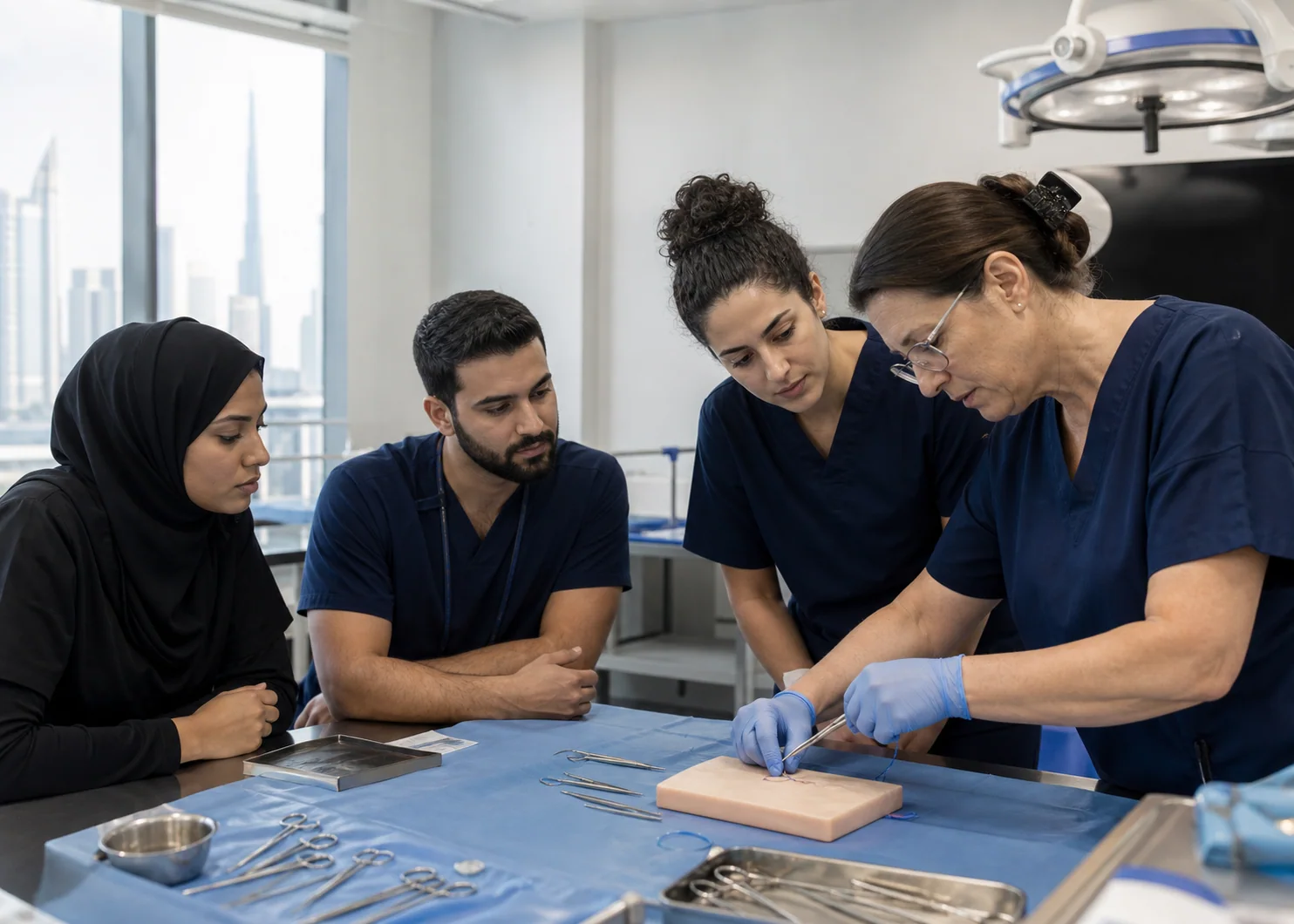 Healthcare professionals from different disciplines practising clinical skills together in a hands-on MediEdify Global workshop